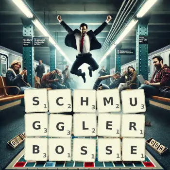 Kreative Illustration für ein Scrabble-Spiel, bei dem das Wort SCHMUGGLERBOSSE mit Steinen auf dem Brett gelegt wurde.
