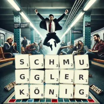 Kreative Illustration für ein Scrabble-Spiel, bei dem das Wort SCHMUGGLERKÖNIG mit Steinen auf dem Brett gelegt wurde.