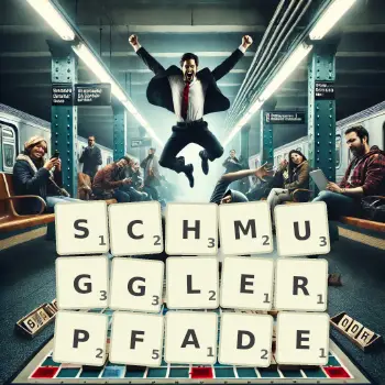 Kreative Illustration für ein Scrabble-Spiel, bei dem das Wort SCHMUGGLERPFADE mit Steinen auf dem Brett gelegt wurde.