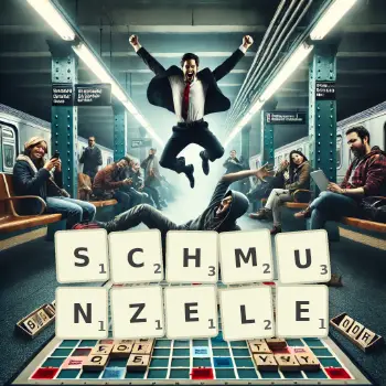 Kreative Illustration für ein Scrabble-Spiel, bei dem das Wort SCHMUNZELE mit Steinen auf dem Brett gelegt wurde.