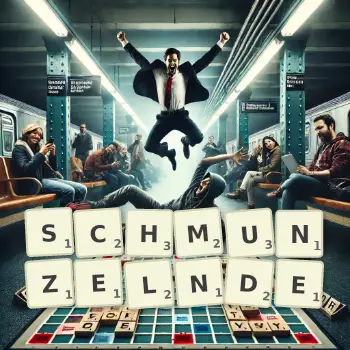 Kreative Illustration für ein Scrabble-Spiel, bei dem das Wort SCHMUNZELNDE mit Steinen auf dem Brett gelegt wurde.