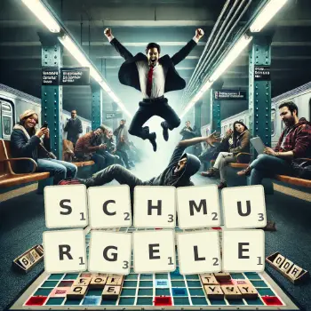 Kreative Illustration für ein Scrabble-Spiel, bei dem das Wort SCHMURGELE mit Steinen auf dem Brett gelegt wurde.