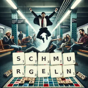 Kreative Illustration für ein Scrabble-Spiel, bei dem das Wort SCHMURGELN mit Steinen auf dem Brett gelegt wurde.