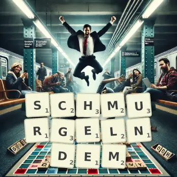 Kreative Illustration für ein Scrabble-Spiel, bei dem das Wort SCHMURGELNDEM mit Steinen auf dem Brett gelegt wurde.