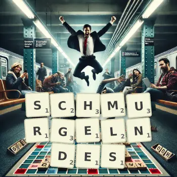 Kreative Illustration für ein Scrabble-Spiel, bei dem das Wort SCHMURGELNDES mit Steinen auf dem Brett gelegt wurde.