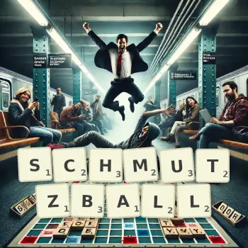 Kreative Illustration für ein Scrabble-Spiel, bei dem das Wort SCHMUTZBALL mit Steinen auf dem Brett gelegt wurde.