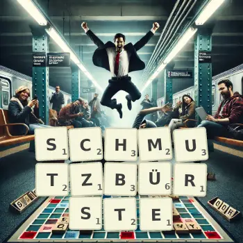 Kreative Illustration für ein Scrabble-Spiel, bei dem das Wort SCHMUTZBÜRSTE mit Steinen auf dem Brett gelegt wurde.