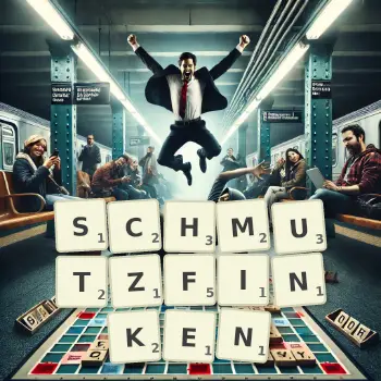 Kreative Illustration für ein Scrabble-Spiel, bei dem das Wort SCHMUTZFINKEN mit Steinen auf dem Brett gelegt wurde.