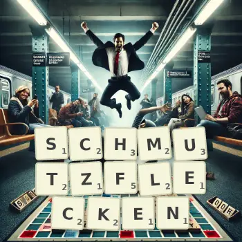 Kreative Illustration für ein Scrabble-Spiel, bei dem das Wort SCHMUTZFLECKEN mit Steinen auf dem Brett gelegt wurde.