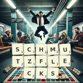Kreative Illustration für ein Scrabble-Spiel, bei dem das Wort SCHMUTZFLECKS mit Steinen auf dem Brett gelegt wurde.
