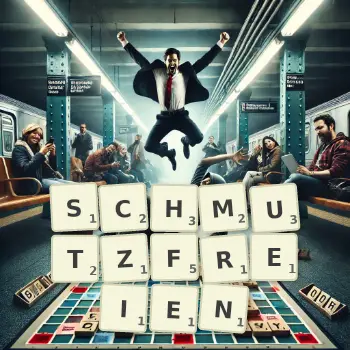 Kreative Illustration für ein Scrabble-Spiel, bei dem das Wort SCHMUTZFREIEN mit Steinen auf dem Brett gelegt wurde.