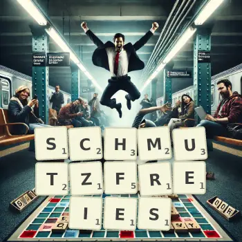 Kreative Illustration für ein Scrabble-Spiel, bei dem das Wort SCHMUTZFREIES mit Steinen auf dem Brett gelegt wurde.