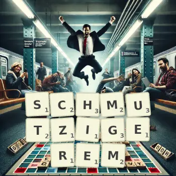 Kreative Illustration für ein Scrabble-Spiel, bei dem das Wort SCHMUTZIGEREM mit Steinen auf dem Brett gelegt wurde.