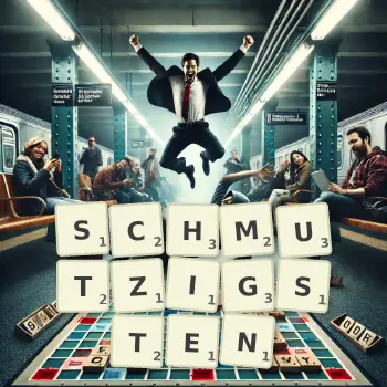 Kreative Illustration für ein Scrabble-Spiel, bei dem das Wort SCHMUTZIGSTEN mit Steinen auf dem Brett gelegt wurde.