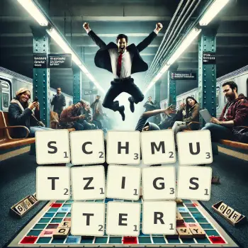 Kreative Illustration für ein Scrabble-Spiel, bei dem das Wort SCHMUTZIGSTER mit Steinen auf dem Brett gelegt wurde.