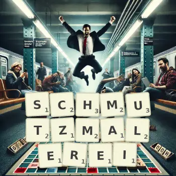 Kreative Illustration für ein Scrabble-Spiel, bei dem das Wort SCHMUTZMALEREI mit Steinen auf dem Brett gelegt wurde.