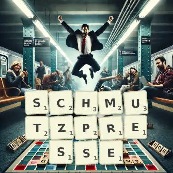 Kreative Illustration für ein Scrabble-Spiel, bei dem das Wort SCHMUTZPRESSE mit Steinen auf dem Brett gelegt wurde.