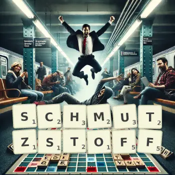 Kreative Illustration für ein Scrabble-Spiel, bei dem das Wort SCHMUTZSTOFF mit Steinen auf dem Brett gelegt wurde.