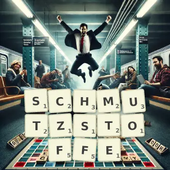 Kreative Illustration für ein Scrabble-Spiel, bei dem das Wort SCHMUTZSTOFFE mit Steinen auf dem Brett gelegt wurde.