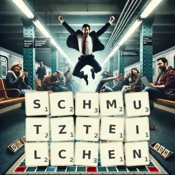 Kreative Illustration für ein Scrabble-Spiel, bei dem das Wort SCHMUTZTEILCHEN mit Steinen auf dem Brett gelegt wurde.