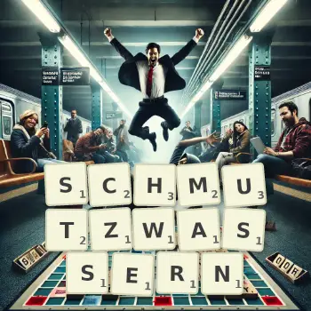 Kreative Illustration für ein Scrabble-Spiel, bei dem das Wort SCHMUTZWASSERN mit Steinen auf dem Brett gelegt wurde.