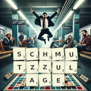 Kreative Illustration für ein Scrabble-Spiel, bei dem das Wort SCHMUTZZULAGE mit Steinen auf dem Brett gelegt wurde.