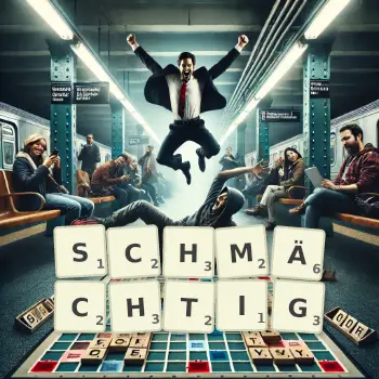 Kreative Illustration für ein Scrabble-Spiel, bei dem das Wort SCHMÄCHTIG mit Steinen auf dem Brett gelegt wurde.