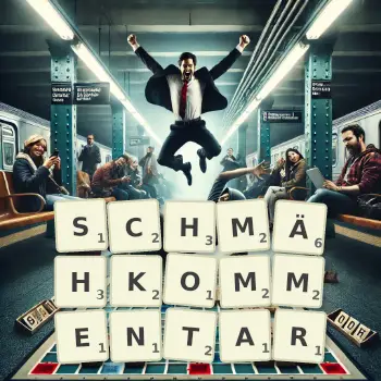 Kreative Illustration für ein Scrabble-Spiel, bei dem das Wort SCHMÄHKOMMENTAR mit Steinen auf dem Brett gelegt wurde.