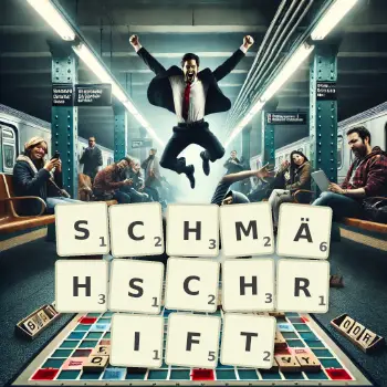 Kreative Illustration für ein Scrabble-Spiel, bei dem das Wort SCHMÄHSCHRIFT mit Steinen auf dem Brett gelegt wurde.