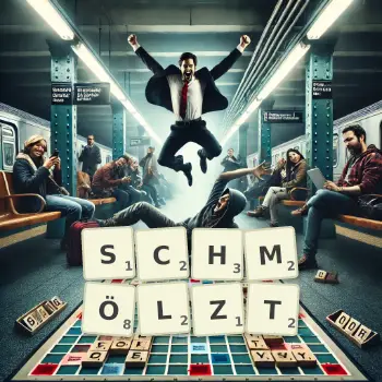 Kreative Illustration für ein Scrabble-Spiel, bei dem das Wort SCHMÖLZT mit Steinen auf dem Brett gelegt wurde.