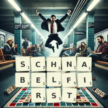 Kreative Illustration für ein Scrabble-Spiel, bei dem das Wort SCHNABELFIRST mit Steinen auf dem Brett gelegt wurde.