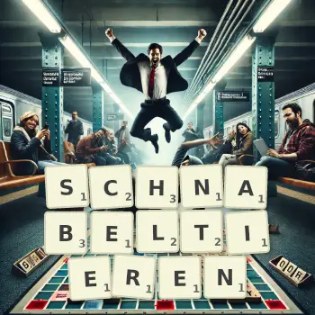 Kreative Illustration für ein Scrabble-Spiel, bei dem das Wort SCHNABELTIEREN mit Steinen auf dem Brett gelegt wurde.