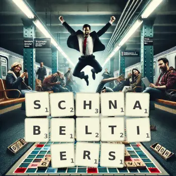 Kreative Illustration für ein Scrabble-Spiel, bei dem das Wort SCHNABELTIERS mit Steinen auf dem Brett gelegt wurde.