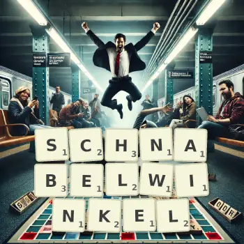 Kreative Illustration für ein Scrabble-Spiel, bei dem das Wort SCHNABELWINKEL mit Steinen auf dem Brett gelegt wurde.