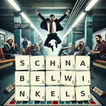 Kreative Illustration für ein Scrabble-Spiel, bei dem das Wort SCHNABELWINKELS mit Steinen auf dem Brett gelegt wurde.