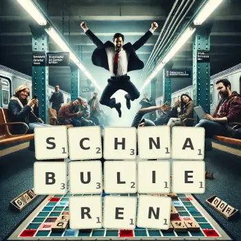 Kreative Illustration für ein Scrabble-Spiel, bei dem das Wort SCHNABULIEREN mit Steinen auf dem Brett gelegt wurde.