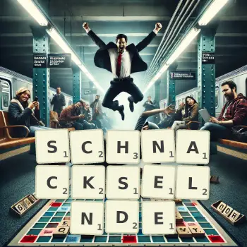 Kreative Illustration für ein Scrabble-Spiel, bei dem das Wort SCHNACKSELNDE mit Steinen auf dem Brett gelegt wurde.