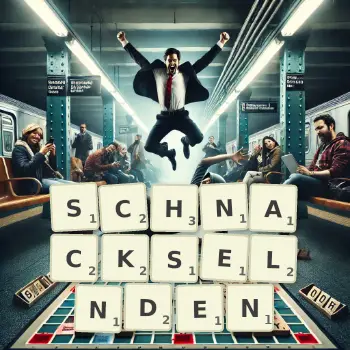 Kreative Illustration für ein Scrabble-Spiel, bei dem das Wort SCHNACKSELNDEN mit Steinen auf dem Brett gelegt wurde.