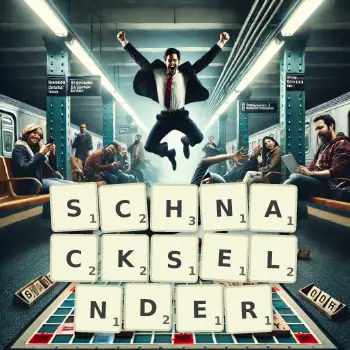 Kreative Illustration für ein Scrabble-Spiel, bei dem das Wort SCHNACKSELNDER mit Steinen auf dem Brett gelegt wurde.