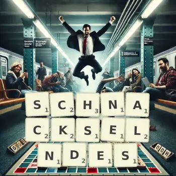 Kreative Illustration für ein Scrabble-Spiel, bei dem das Wort SCHNACKSELNDES mit Steinen auf dem Brett gelegt wurde.