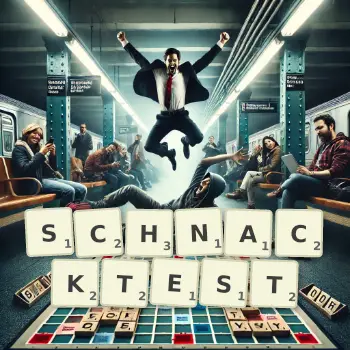 Kreative Illustration für ein Scrabble-Spiel, bei dem das Wort SCHNACKTEST mit Steinen auf dem Brett gelegt wurde.
