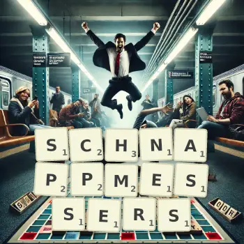 Kreative Illustration für ein Scrabble-Spiel, bei dem das Wort SCHNAPPMESSERS mit Steinen auf dem Brett gelegt wurde.