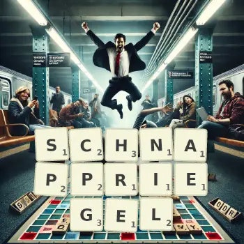 Kreative Illustration für ein Scrabble-Spiel, bei dem das Wort SCHNAPPRIEGEL mit Steinen auf dem Brett gelegt wurde.