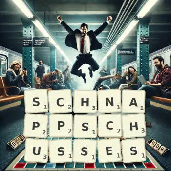 Kreative Illustration für ein Scrabble-Spiel, bei dem das Wort SCHNAPPSCHUSSES mit Steinen auf dem Brett gelegt wurde.