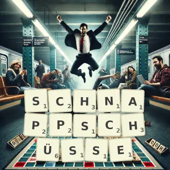 Kreative Illustration für ein Scrabble-Spiel, bei dem das Wort SCHNAPPSCHÜSSE mit Steinen auf dem Brett gelegt wurde.