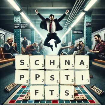 Kreative Illustration für ein Scrabble-Spiel, bei dem das Wort SCHNAPPSTIFTS mit Steinen auf dem Brett gelegt wurde.