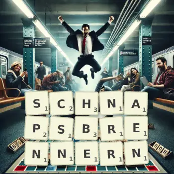 Kreative Illustration für ein Scrabble-Spiel, bei dem das Wort SCHNAPSBRENNERN mit Steinen auf dem Brett gelegt wurde.