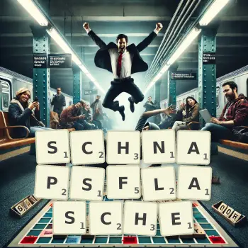 Kreative Illustration für ein Scrabble-Spiel, bei dem das Wort SCHNAPSFLASCHE mit Steinen auf dem Brett gelegt wurde.