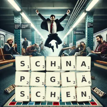 Kreative Illustration für ein Scrabble-Spiel, bei dem das Wort SCHNAPSGLÄSCHEN mit Steinen auf dem Brett gelegt wurde.