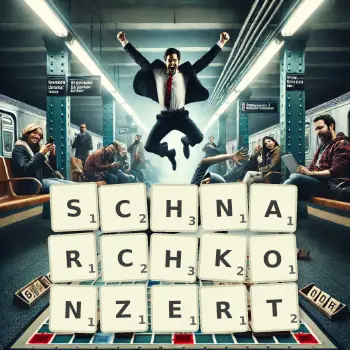 Kreative Illustration für ein Scrabble-Spiel, bei dem das Wort SCHNARCHKONZERT mit Steinen auf dem Brett gelegt wurde.